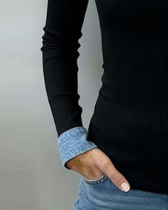 Contrast Color Flap V-Neck Long-Sleeved Top