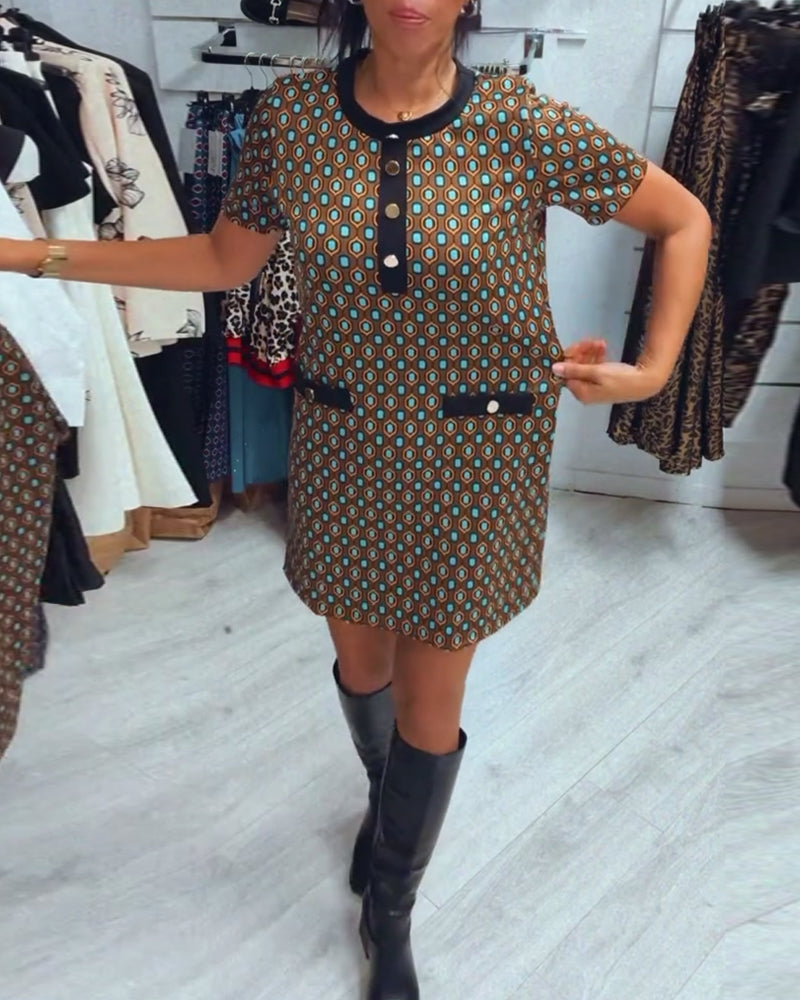 Fashionable polka dot print round neck short sleeve dress
