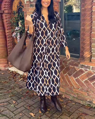 Retro geometric print V-neck casual dress