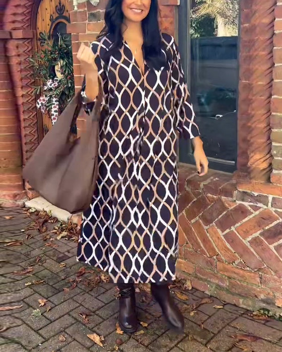 Retro geometric print V-neck casual dress
