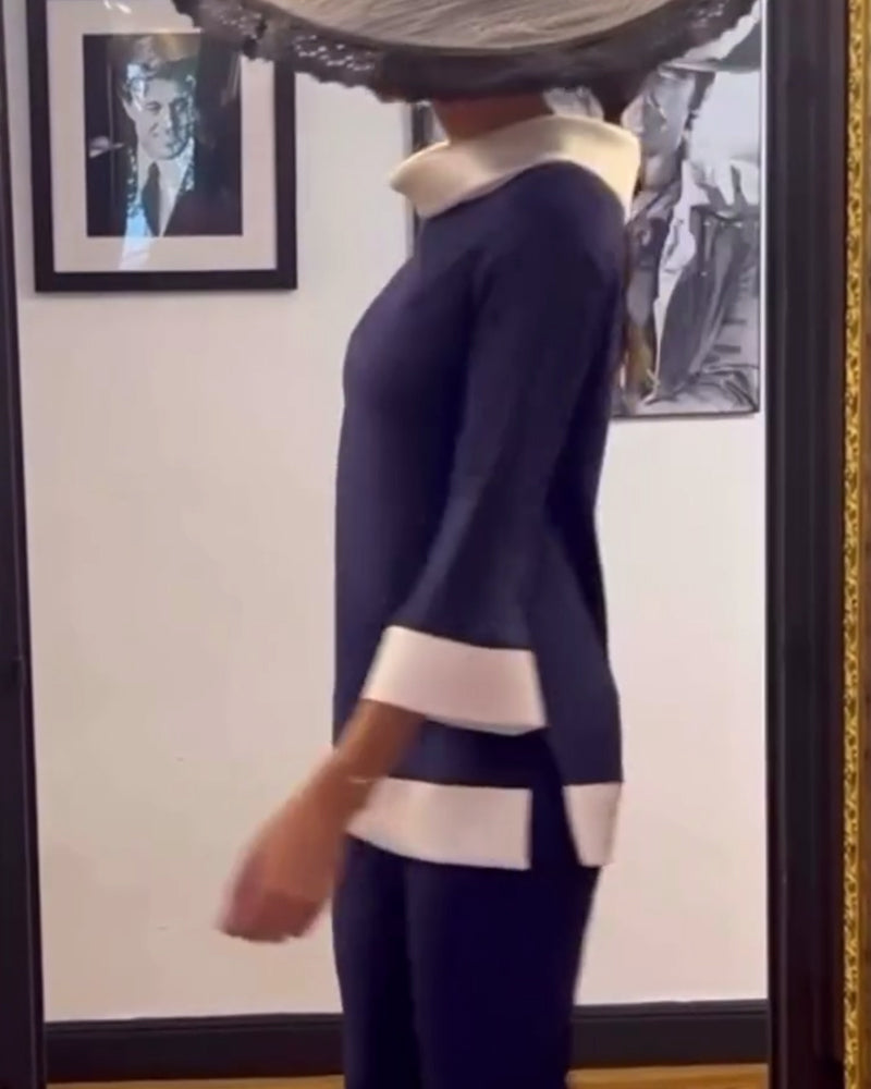 Casual contrast color stand collar loose top