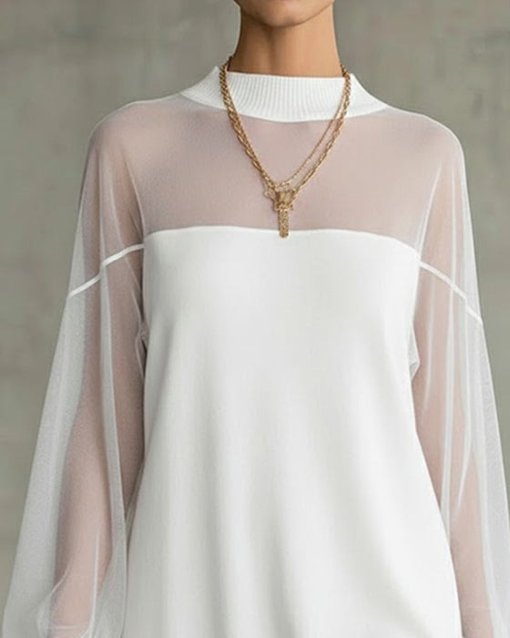 Lantern Sleeve Solid Color Patchwork Dress