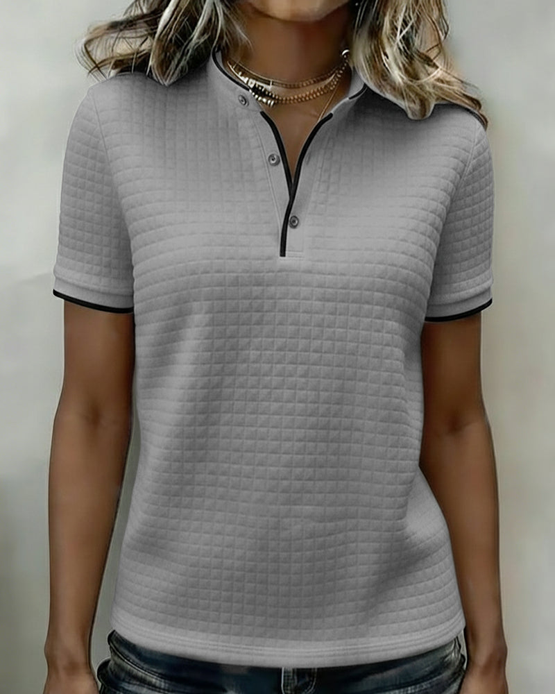 Waffle-Knit Button-Down Short-Sleeved Top