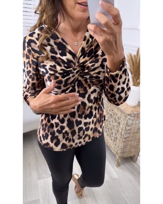 Fashion leopard print knotted pleated long sleeve blouse