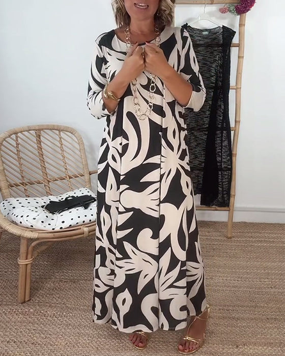 Round Neck Long Sleeve Printed Dress