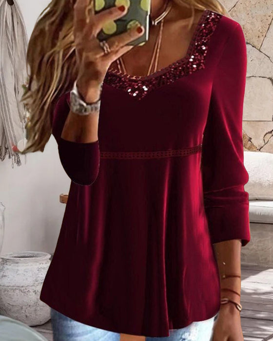 Casual solid color square neck sequin long sleeve top