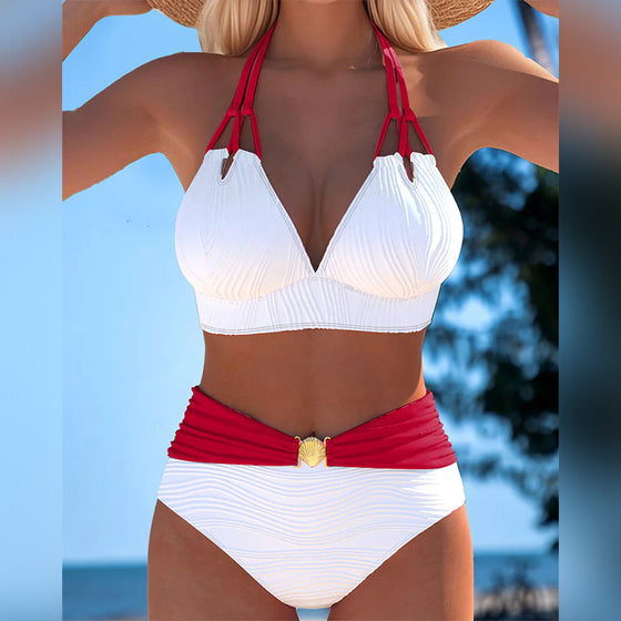 Double Strap High Waist Contrast Color Swimsuit