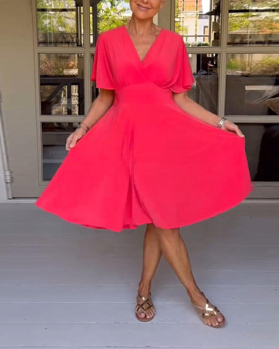 Solid color V-neck waisted butterfly sleeve casual dress