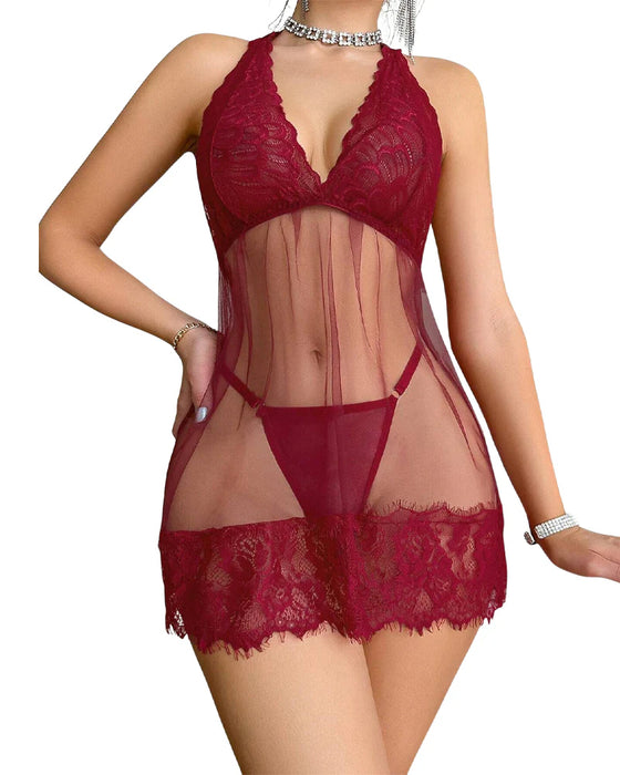 Floral Lace Halter Babydoll Lingerie Dress With Thong