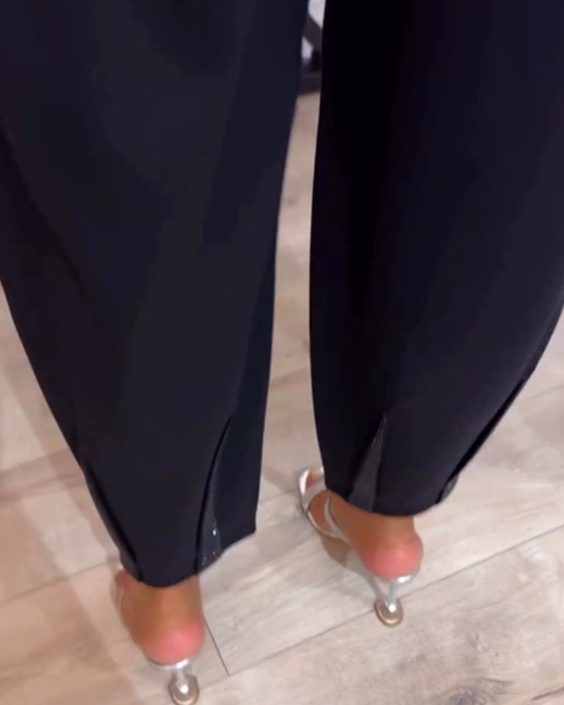 Casual solid color drawstring sequin patchwork pants