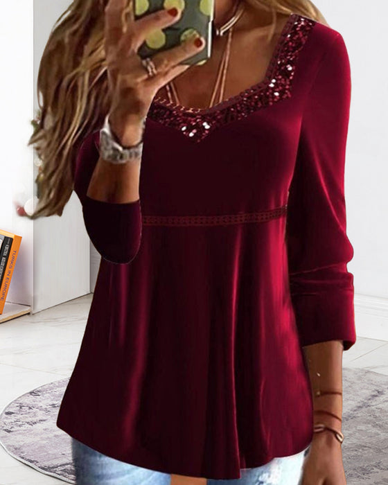 Casual solid color square neck sequin long sleeve top