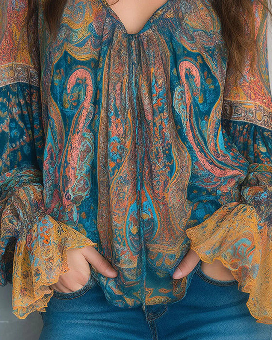 Bohemian Style Flared Sleeve V-Neck Blouse