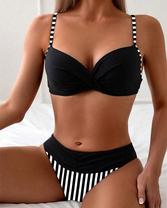 Sexy Striped Contrast Triangle Bikini