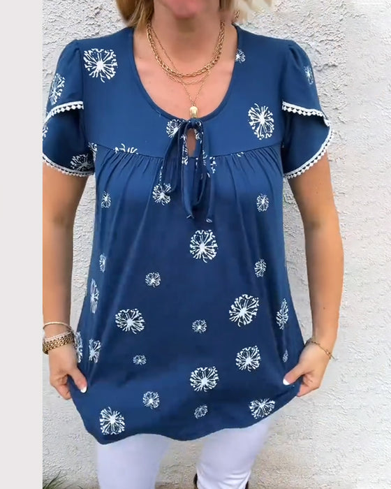 Petal Sleeve Print Tie-Dye Blouse
