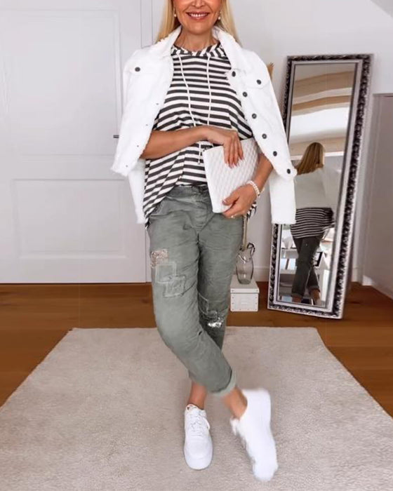 Hooded Casual Striped T-Shirt