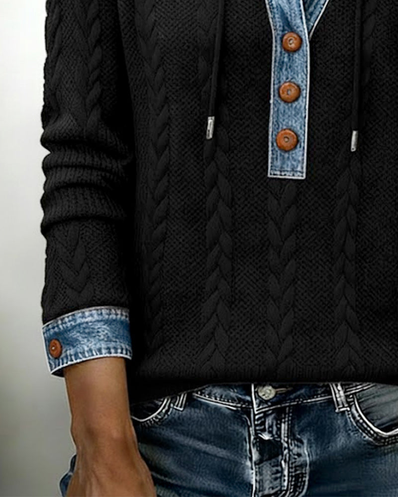 Color-Blocked Button Long-Sleeved Hooded