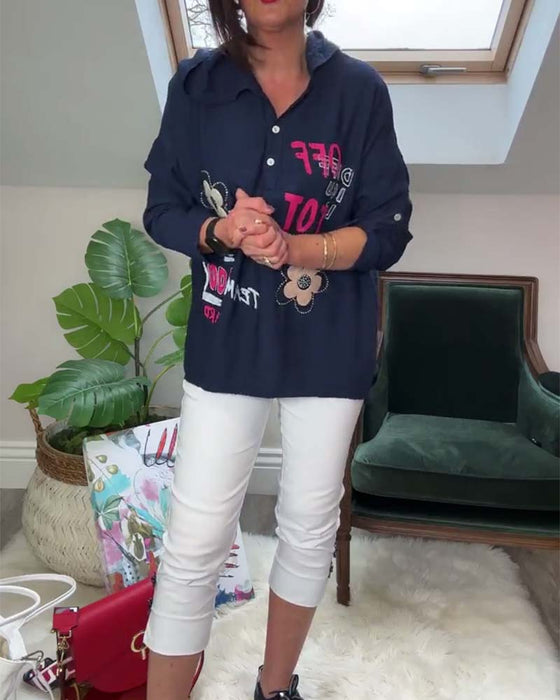 Casual floral lettering embroidered long-sleeve hooded top