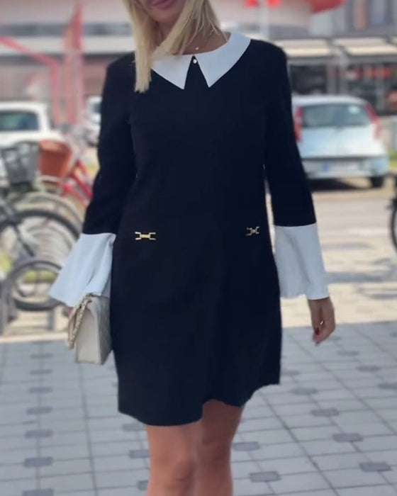 Elegant contrasting lapel bell sleeve dress