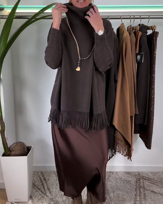 High neck solid color tassel pullover