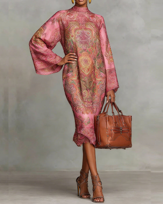 High-Neck Vintage Print Dress