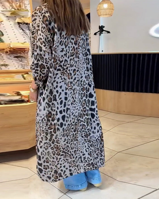 Leopard print long sleeve button long coat