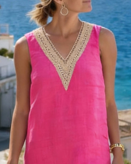 Lace-Paneled V-Neck Sleeveless Dress