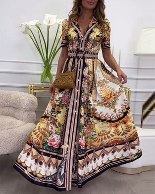 Retro printed lapel short sleeve long dress
