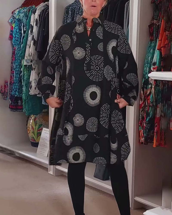 Geometric print lapel casual dress