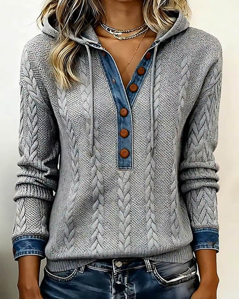 Color-Blocked Button Long-Sleeved Hooded