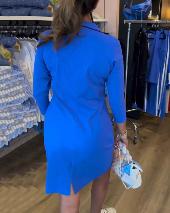 Lapel Solid Color Zipper Long Sleeve Dress