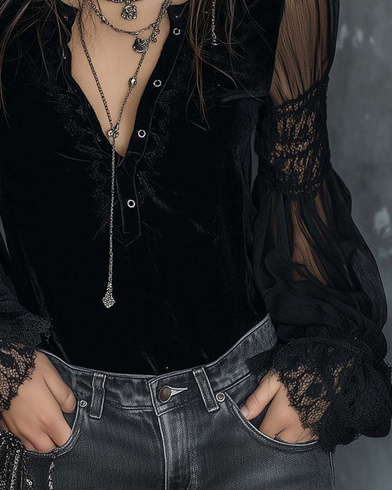 Button-Down V-Neck Puff Sleeve Blouse