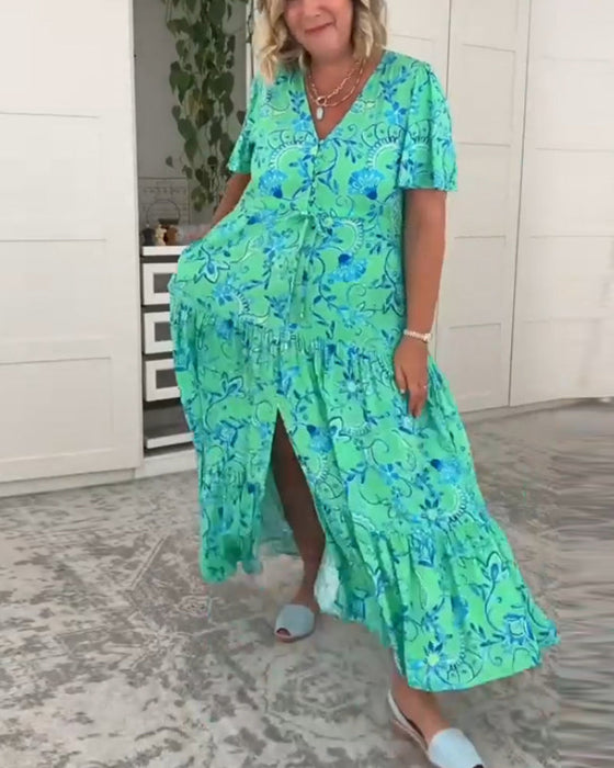 Short-sleeved pocket printed dress
