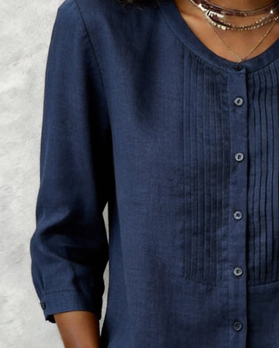 Three-Quarter Sleeve Cotton Button-Down Shirt