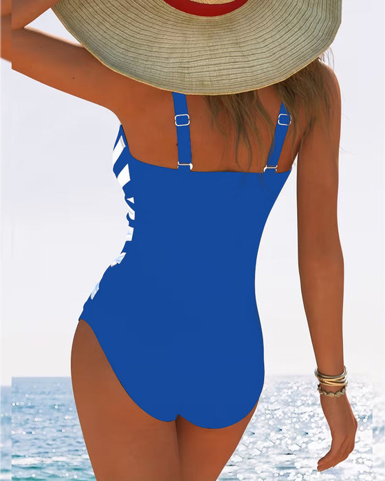 Casual Striped V-Neck One-Piece Swimsuit