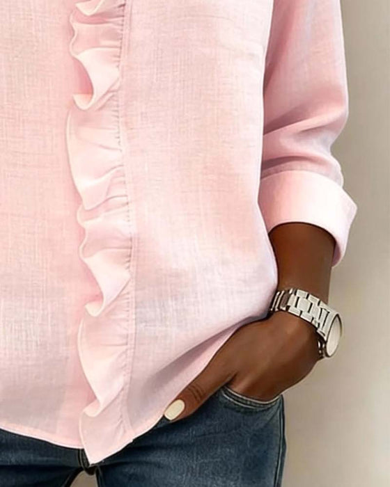 Ruffle V-Neck Long-Sleeve Blouse