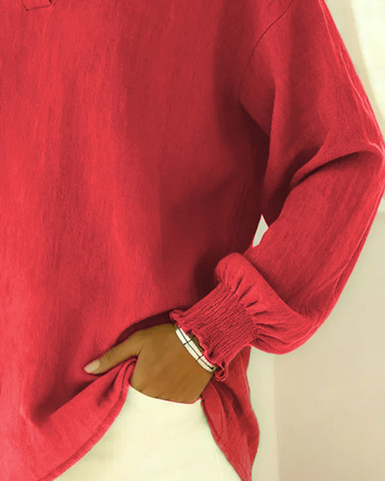 Cotton Lantern Sleeve Collared Solid Color Blouse