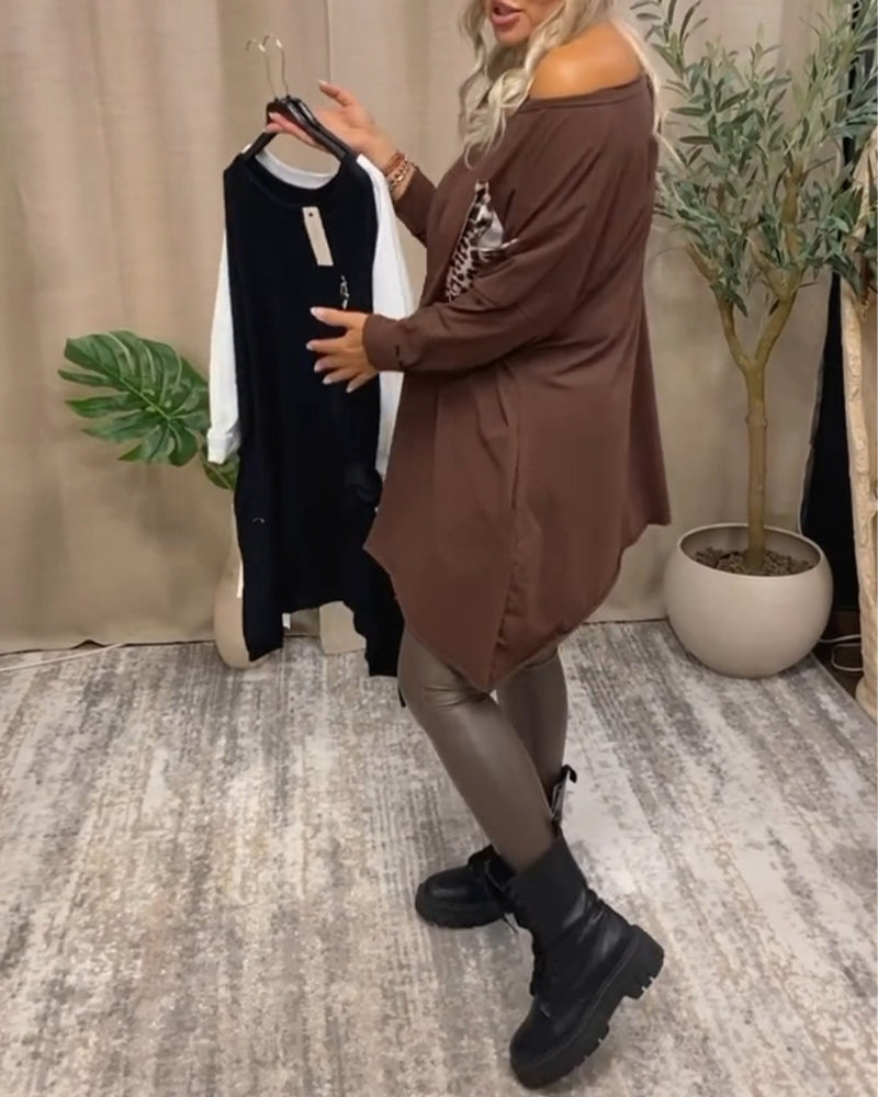 Casual crew neck leopard print pocket long sleeve top