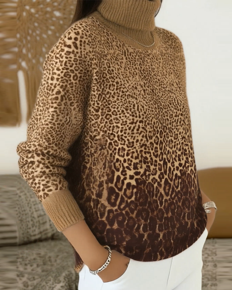 Leopard Print Casual High-Neck Pullover