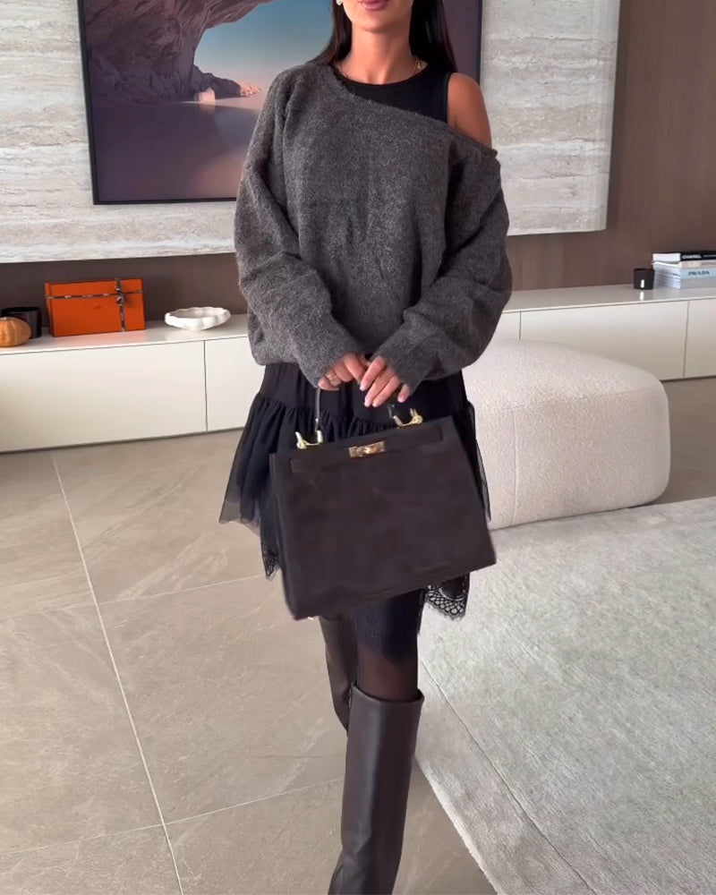 Off-Shoulder Loose Sweater & Lace Hem Dress