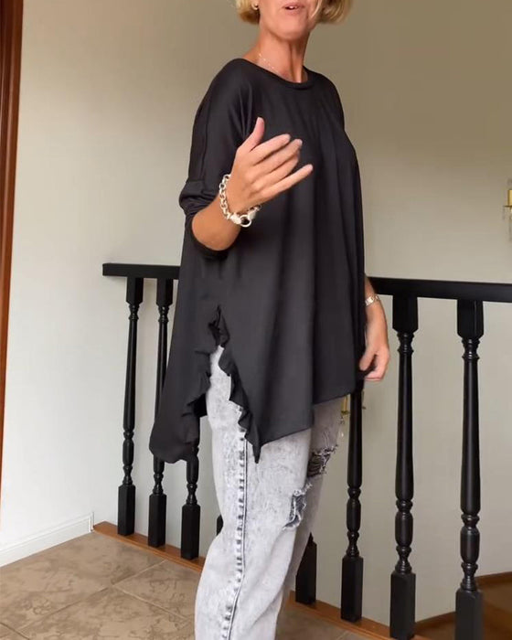 Solid color round neck casual blouse