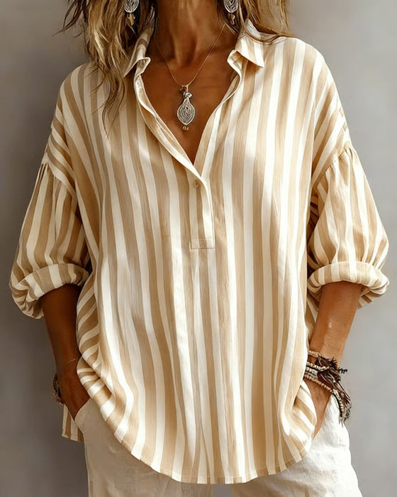 Striped Loose-Fitting Collared Blouse