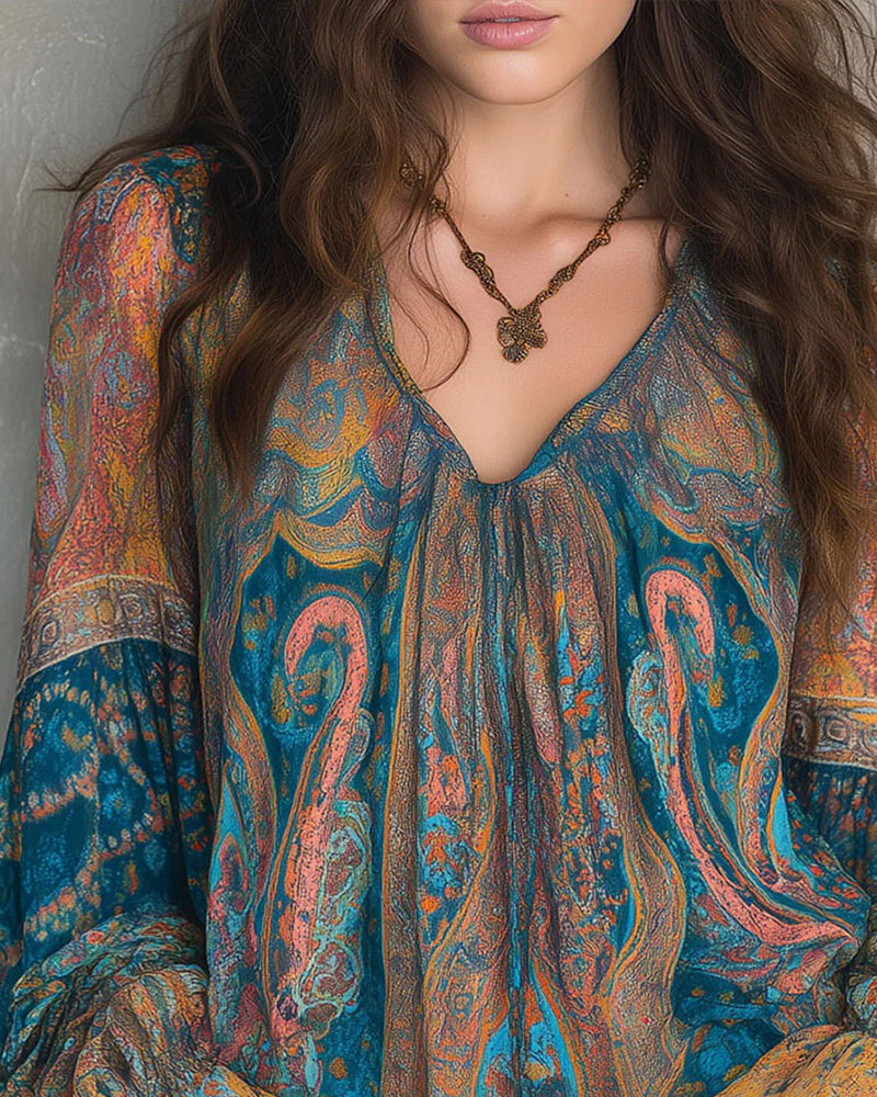 Bohemian Style Flared Sleeve V-Neck Blouse