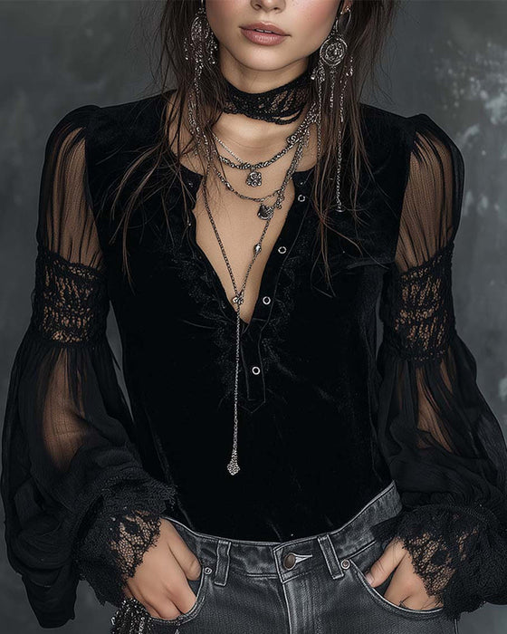 Button-Down V-Neck Puff Sleeve Blouse