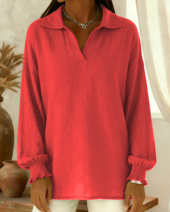 Cotton Lantern Sleeve Collared Solid Color Blouse
