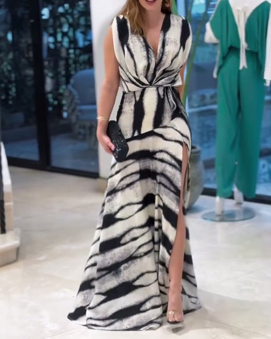 Sleeveless V-Neck Printed Slit Maxi Dress