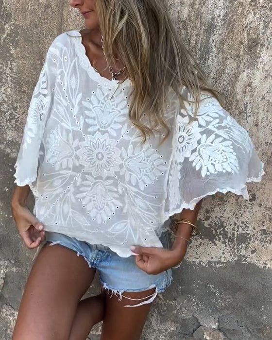 Butterfly Sleeve Round Neck Embroidered Blouse