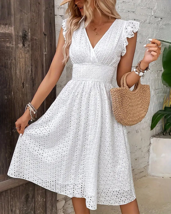 Solid color deep V waist dress