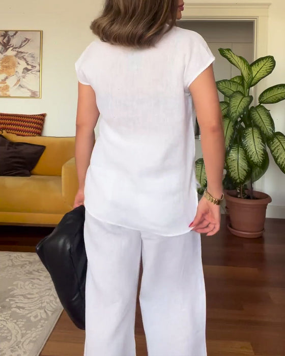 Cotton And Linen Solid Color Casual Trousers Suit