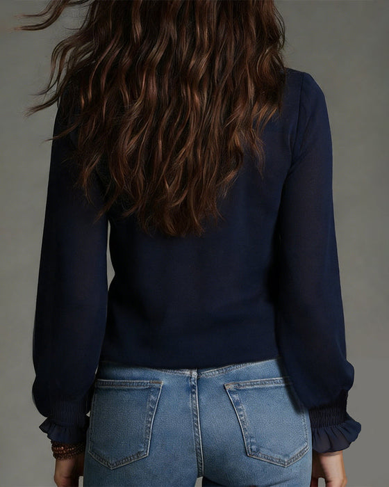 Half-Zip Collar Ruffled Solid Color Blouse