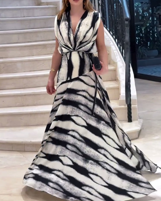 Sleeveless V-Neck Printed Slit Maxi Dress